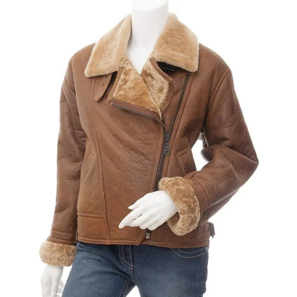 WOMEN TAN SHEEPSKIN AVIATOR JACKET ANGLETON