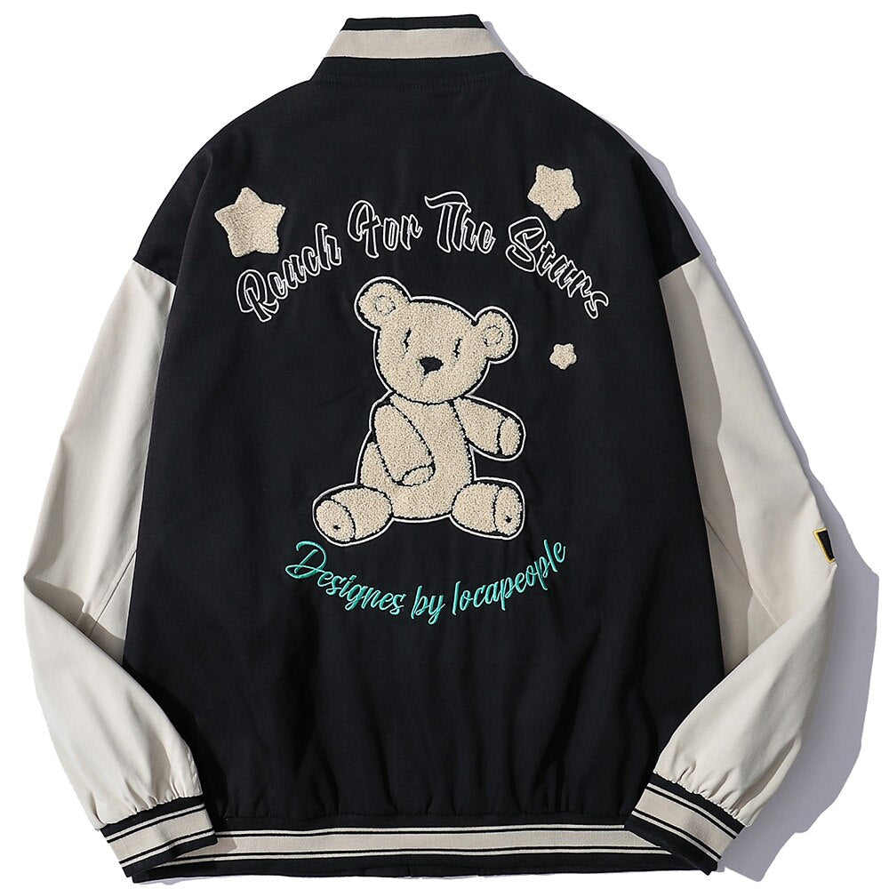 Baseball Jacket Men Cute Bear Patch Letter Embroidery Patchwork Streetwear Cozy High Street Retro Harajuku Varsity Coat