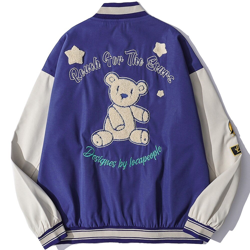Baseball Jacket Men Cute Bear Patch Letter Embroidery Patchwork Streetwear Cozy High Street Retro Harajuku Varsity Coat