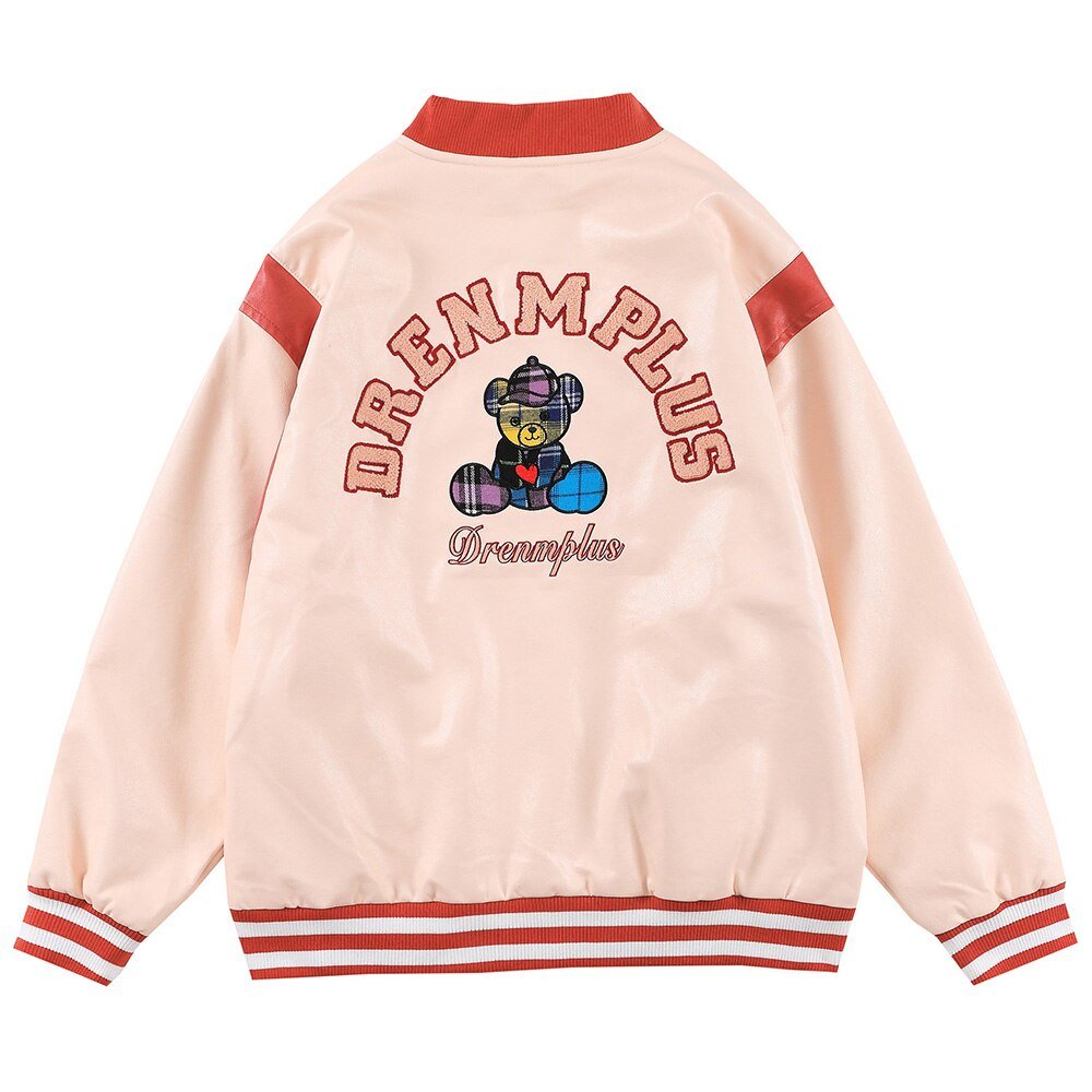 Bomber Jacket Men Furry Letter Cute Bear Leather Baseball Coat Windproof Fleece Soft Cozy Warm College Style Streetwear