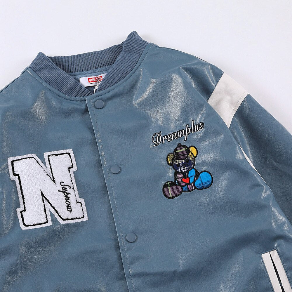 Bomber Jacket Men Furry Letter Cute Bear Leather Baseball Coat Windproof Fleece Soft Cozy Warm College Style Streetwear
