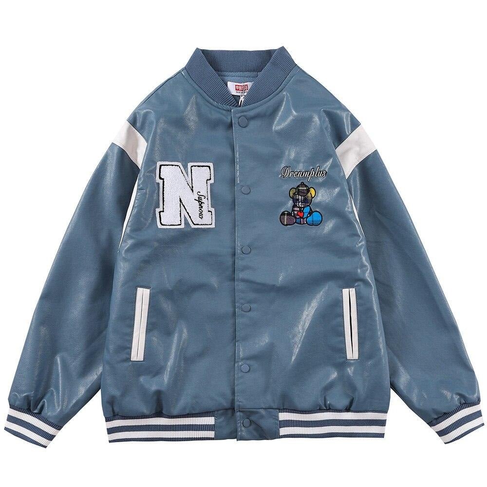 Bomber Jacket Men Furry Letter Cute Bear Leather Baseball Coat Windproof Fleece Soft Cozy Warm College Style Streetwear