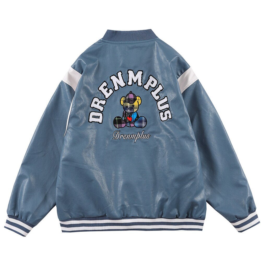Bomber Jacket Men Furry Letter Cute Bear Leather Baseball Coat Windproof Fleece Soft Cozy Warm College Style Streetwear