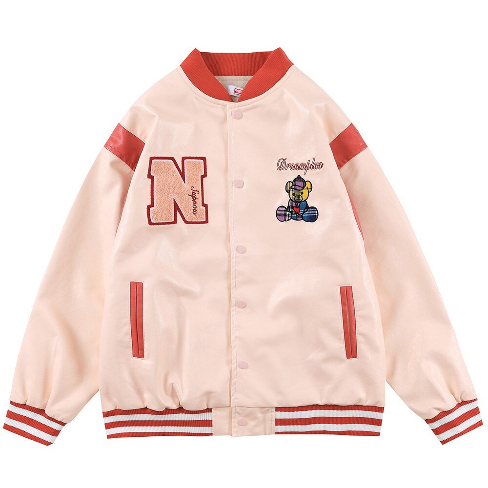 Bomber Jacket Men Furry Letter Cute Bear Leather Baseball Coat Windproof Fleece Soft Cozy Warm College Style Streetwear