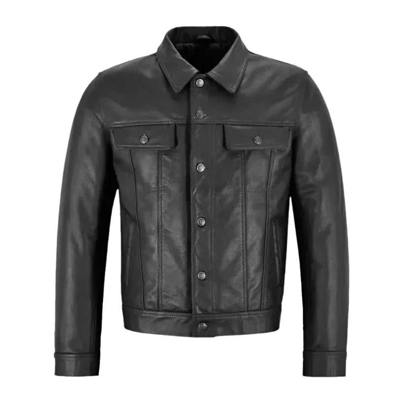 Men’s Black Western Leather Trucker Jacket