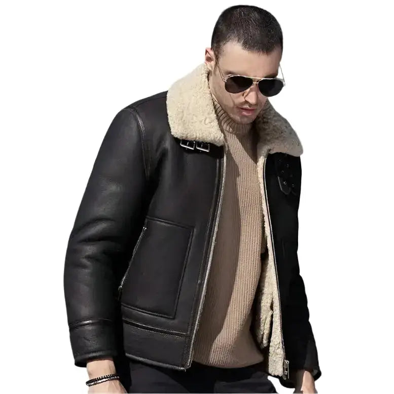 Mens Dark Brown Sheepskin Shearling Biker Jacket