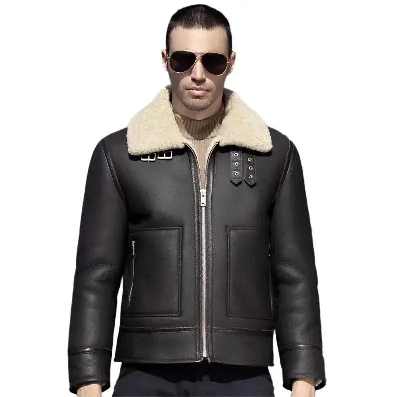 Mens Dark Brown Sheepskin Shearling Biker Jacket