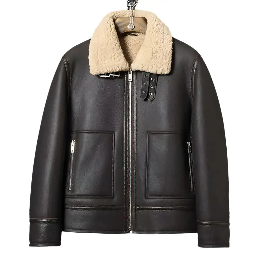 Mens Dark Brown Sheepskin Shearling Biker Jacket