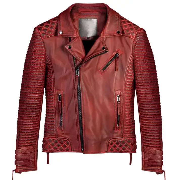 Men's Red Waxed Leather Biker Jacket