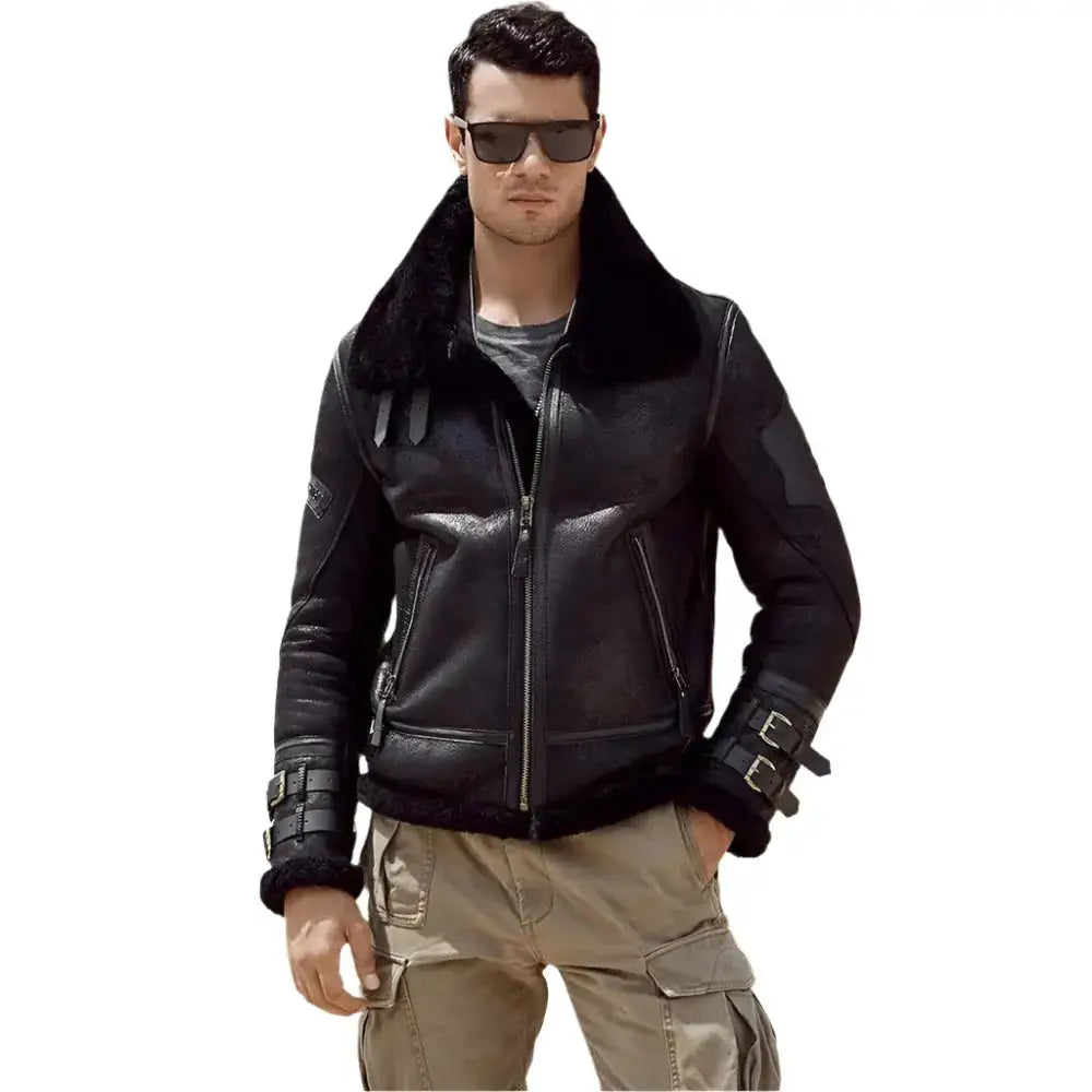 Mens Black Leather Shearling Bomber Jacket