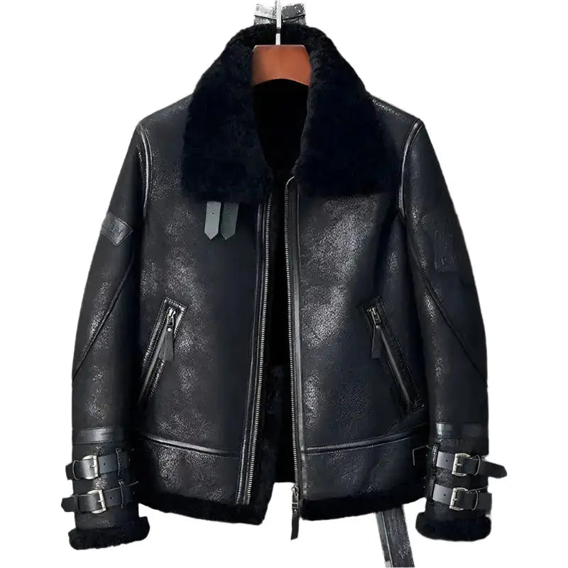 Mens Black Leather Shearling Bomber Jacket