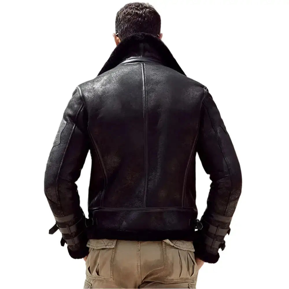 Mens Black Leather Shearling Bomber Jacket