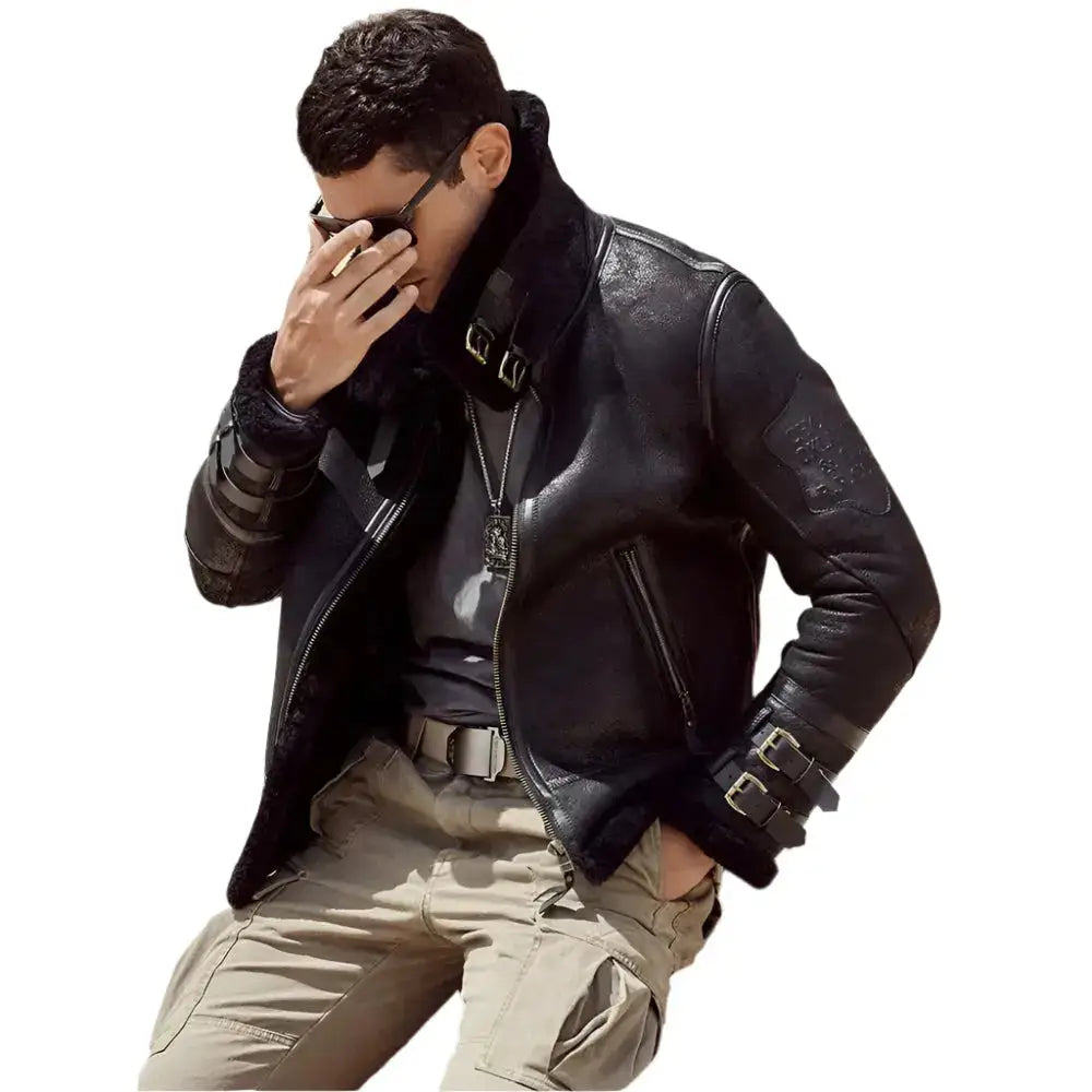 Mens Black Leather Shearling Bomber Jacket