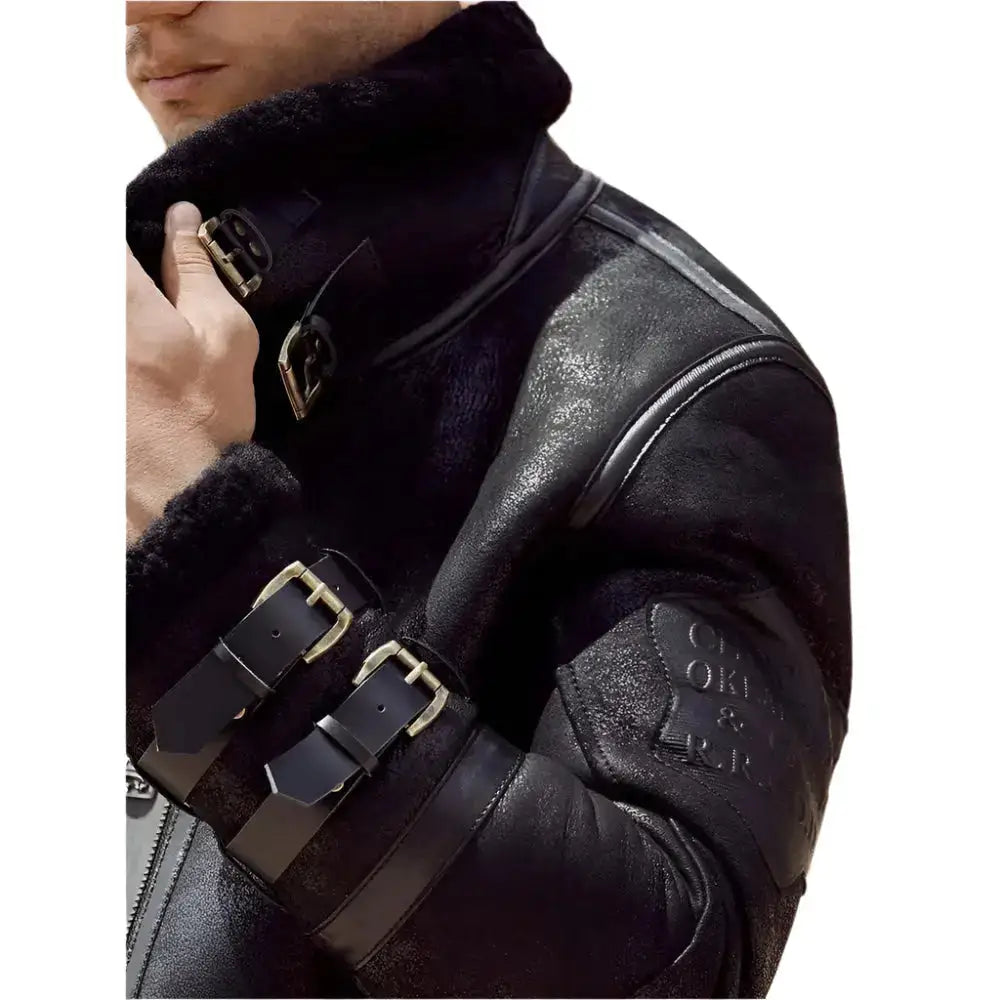 Mens Black Leather Shearling Bomber Jacket