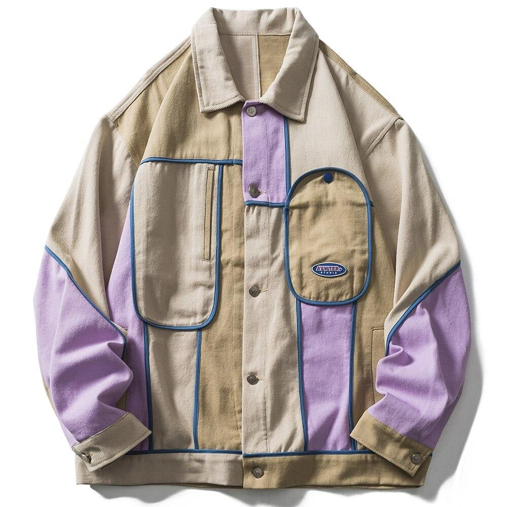 Jacket Men Color Block Patchwork Coats Autumn Couple Baggy Harajuku Vintage College Style Bomber Jackets Men Streetwear
