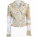 Women’s White Leather Golden Studded Jacket